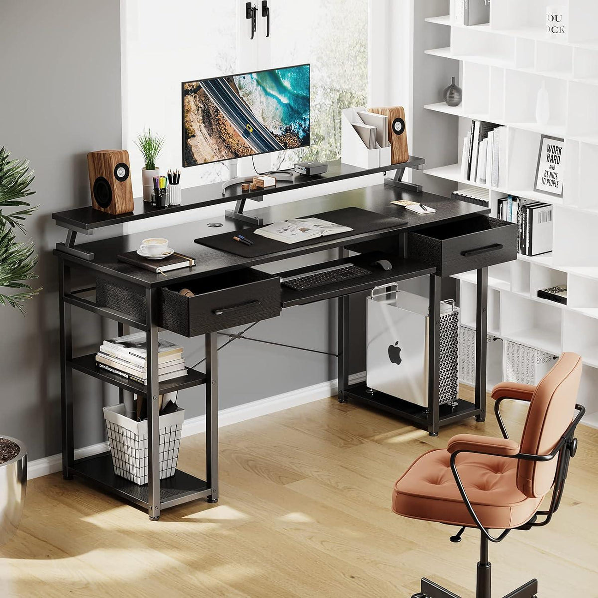 ODK Schreibtisch Schwarz mit Schubladen und Monitorständer 120x48x90cm