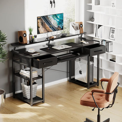 ODK Schreibtisch Schwarz mit Schubladen und Monitorständer 120x48x90cm