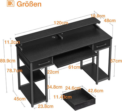 ODK Schreibtisch Schwarz mit Schubladen und Monitorständer 120x48x90cm