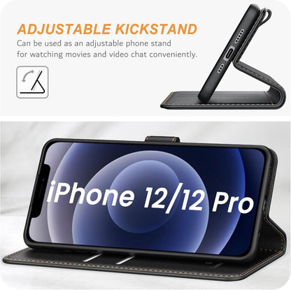 iPhone 12/12 Pro Leder Handyhülle Schwarz mit Kartenfächern & Standfunktion