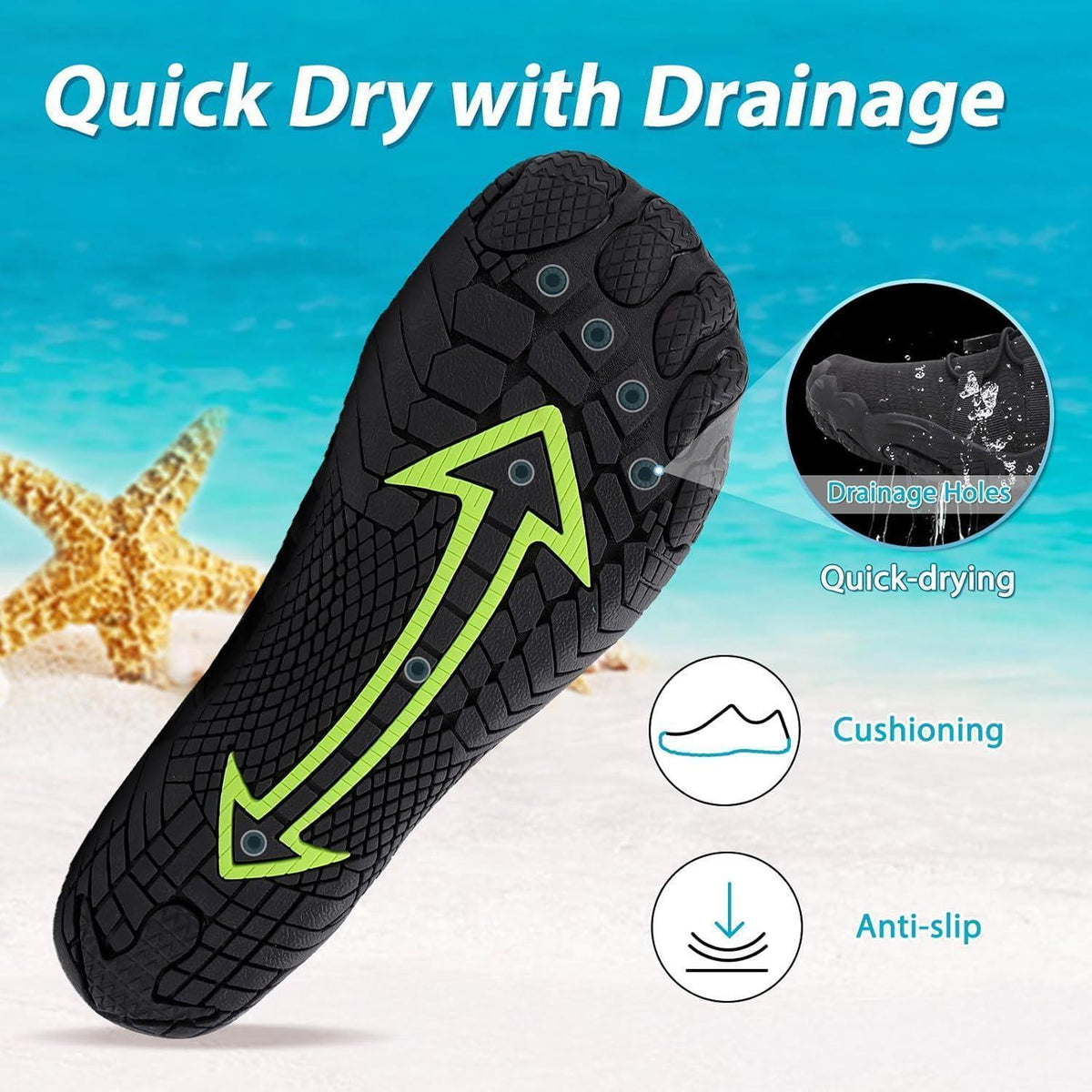 Wasserschuhe Damen Herren Schnelltrocknend mit Drainagelöchern Schwarz 36-46