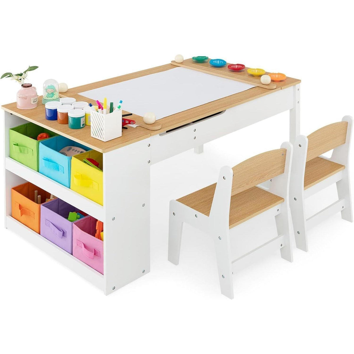 Kindertisch mit 2 Stühlen und Stauraum, kippbar, Natur