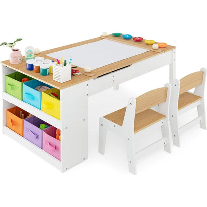 Kindertisch mit 2 Stühlen und Stauraum, kippbar, Natur