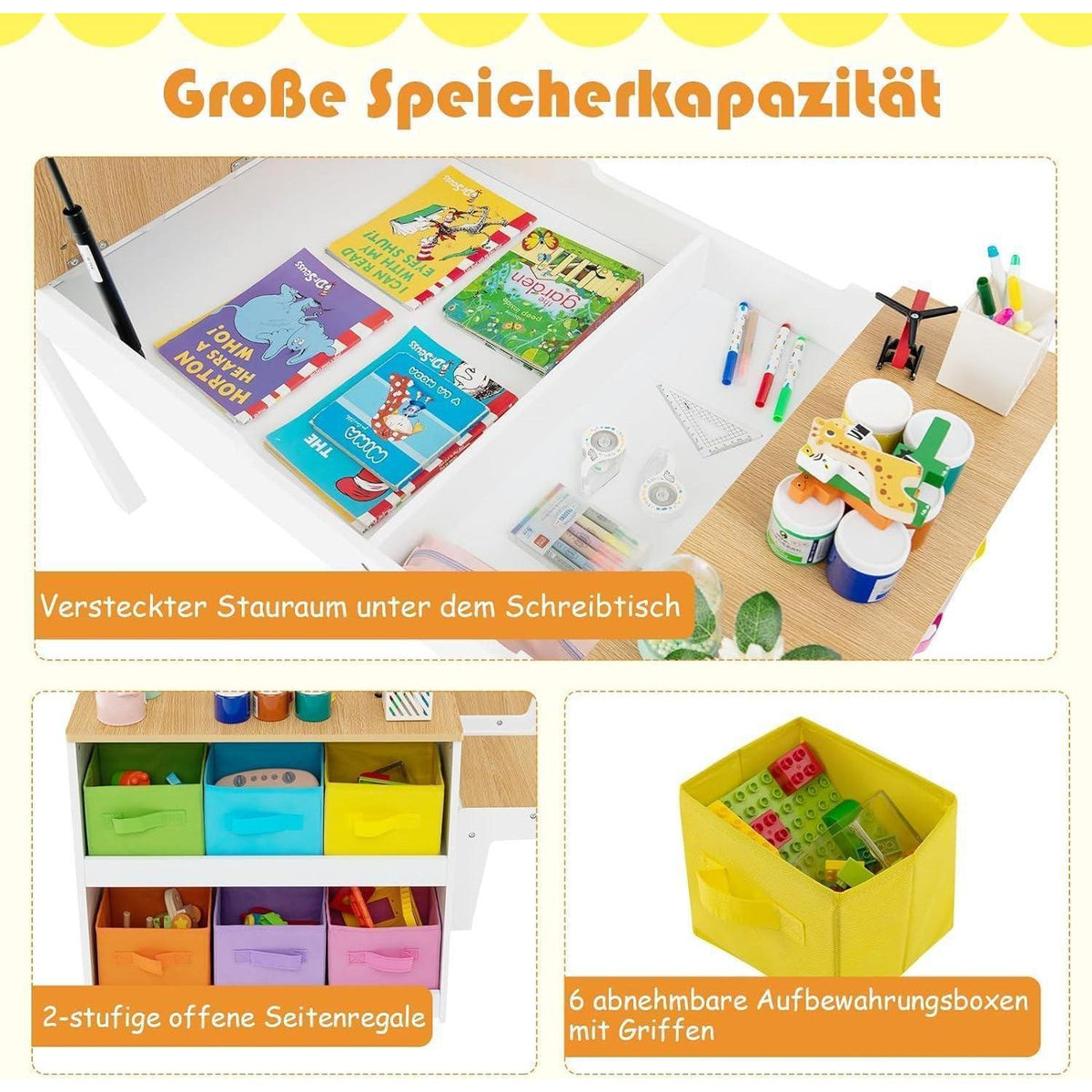 Kindertisch mit 2 Stühlen und Stauraum, kippbar, Natur