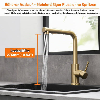 Niederdruck Küchenarmatur Ausziehbar Gold 3 Anschlüsse