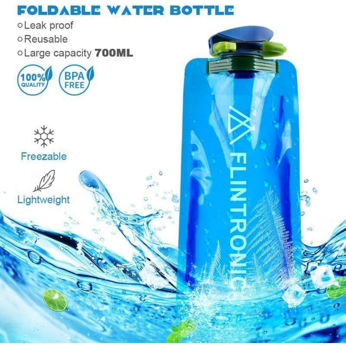 Faltbare Trinkflasche 700ML BPA-frei mit Clip für Outdoor (Schwarz+Blau) 4 Stück