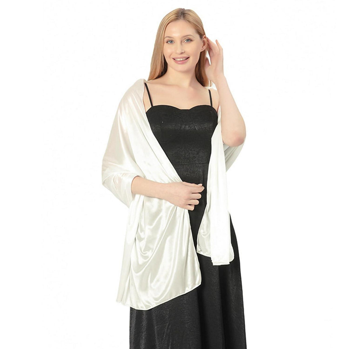 Seidiger Satin Schal Damen - Elegante Wickeltuch Stola Off-White