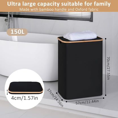 iEGrow Großer Wäschekorb mit Deckel 150L, 2 Fächer, Schwarz