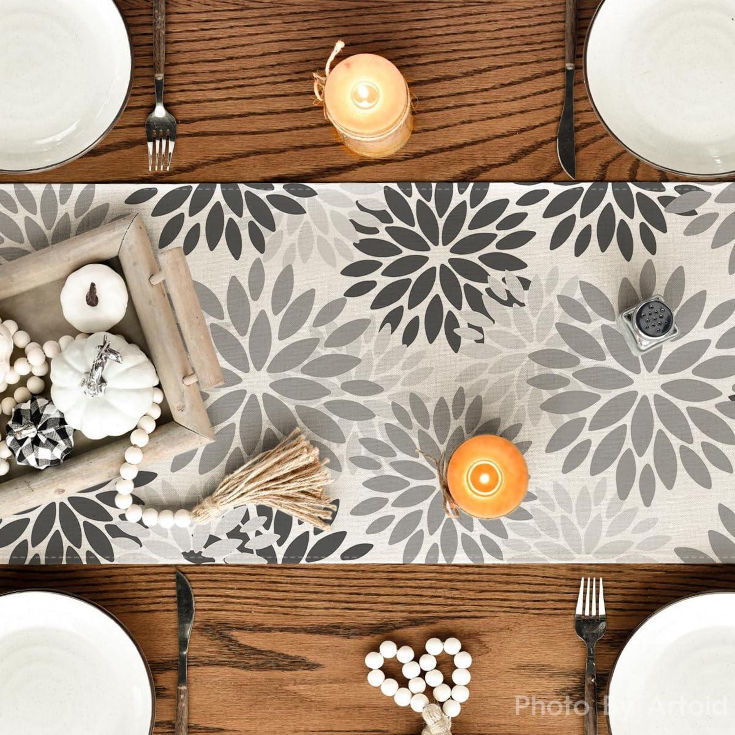 Artoid Mode Herbst Tischläufer Dahlien 40x140 cm Grau Blumen