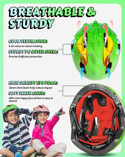 Kinder Fahrradhelm 3D Cartoon Skateboard Kinderhelm Grünes Set