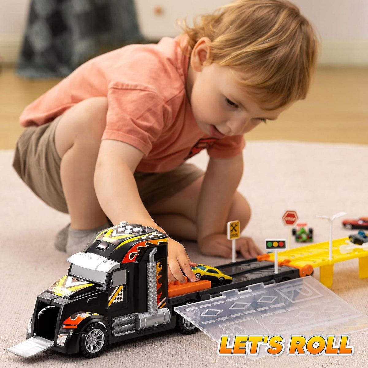 JOYIN Transporter Truck Spielzeugautos Set Jungen 12 Rennautos Sound LED