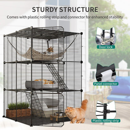 YITAHOME Katzenkäfig Draußen 3-stöckig Katzengehege Schwarz 71x71x104 cm