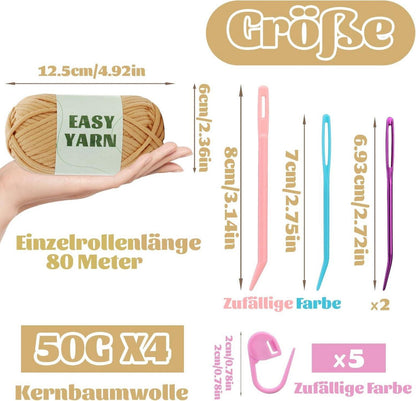 4er Set Khakifarbenes Baumwoll-Nylon Garn mit Häkelzubehör