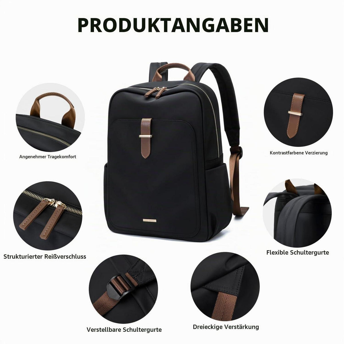 Laptop Rucksack 16 Zoll Damen & Herren – Elegante Schul- & Reisetasche Schwarz