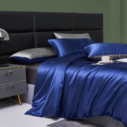 Satin Bettwäsche Set 135x200 Blau Dunkelgrau 4-teilig