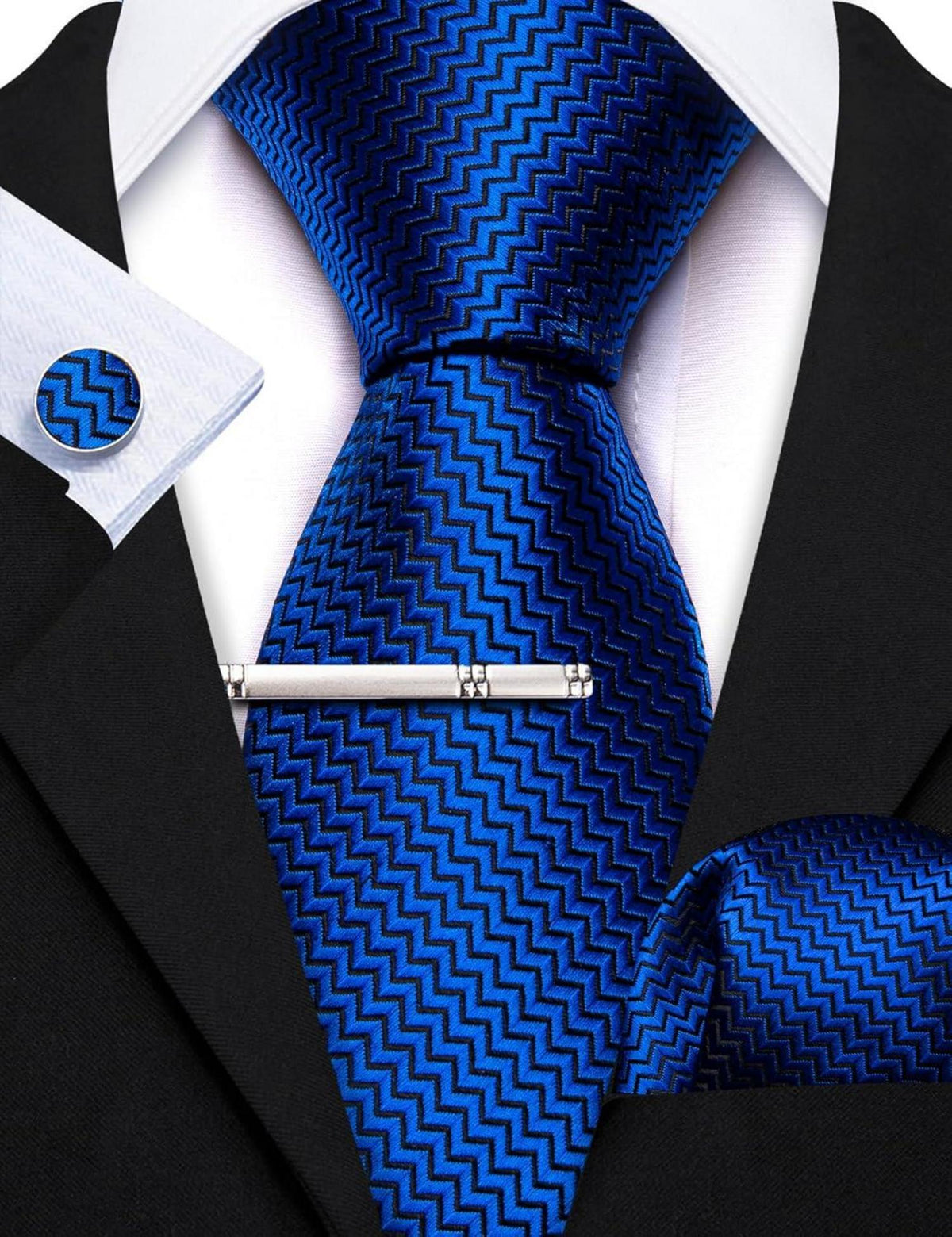 Herren Satin Krawatte & Einstecktuch Set Hochzeit Blau Einfarbig