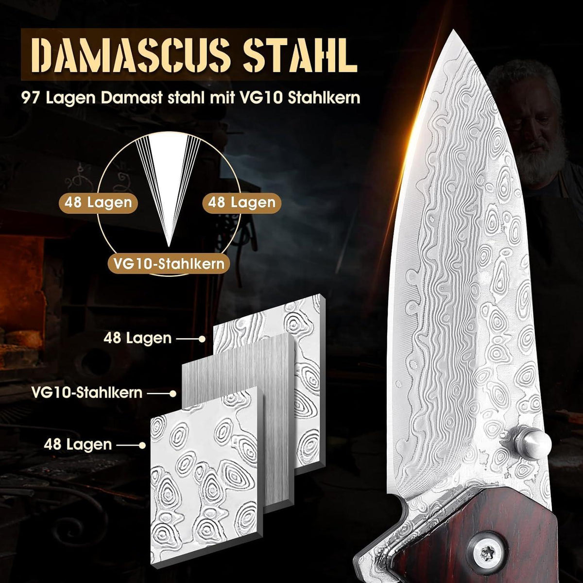 Damast Klappmesser VG10 Stahl Outdoor Messer mit Lederscheide