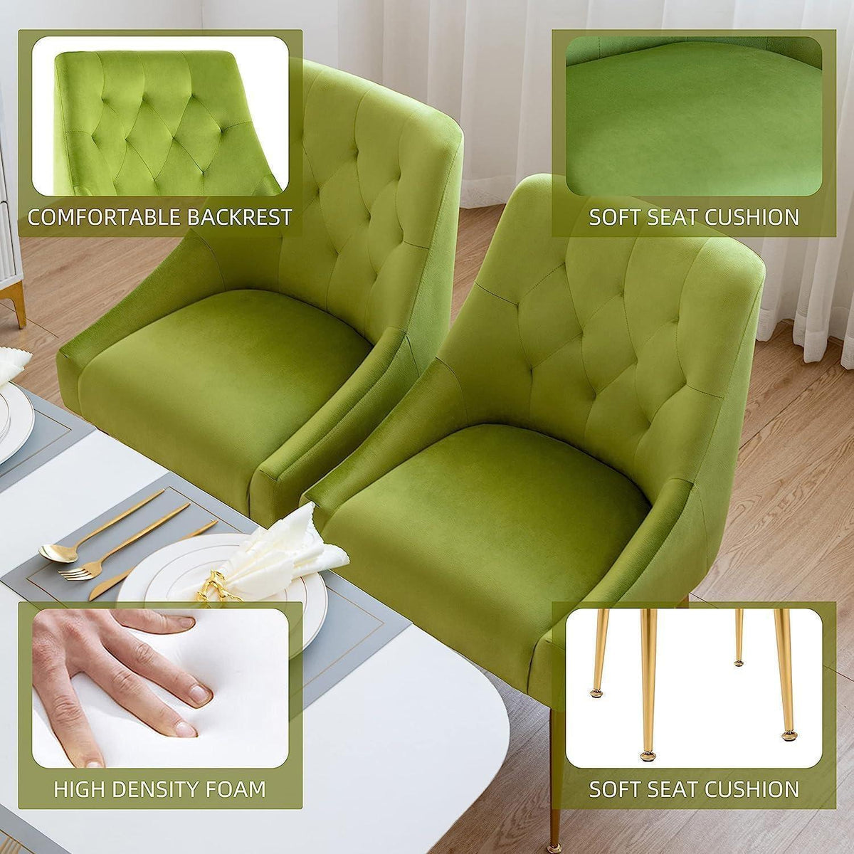 Samt Esszimmerstühle 4er Set – Modern & Bequem (Gelbgrün)
