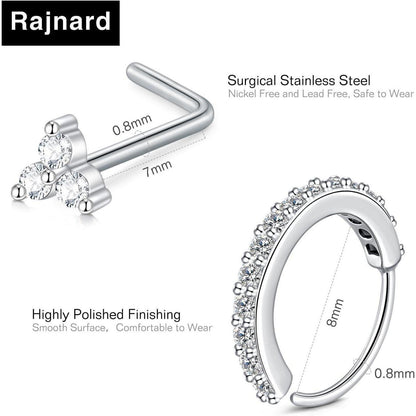 Nasenpiercing Set 316L Chirurgenstahl 20G L-Form & Ringe Silber Gold