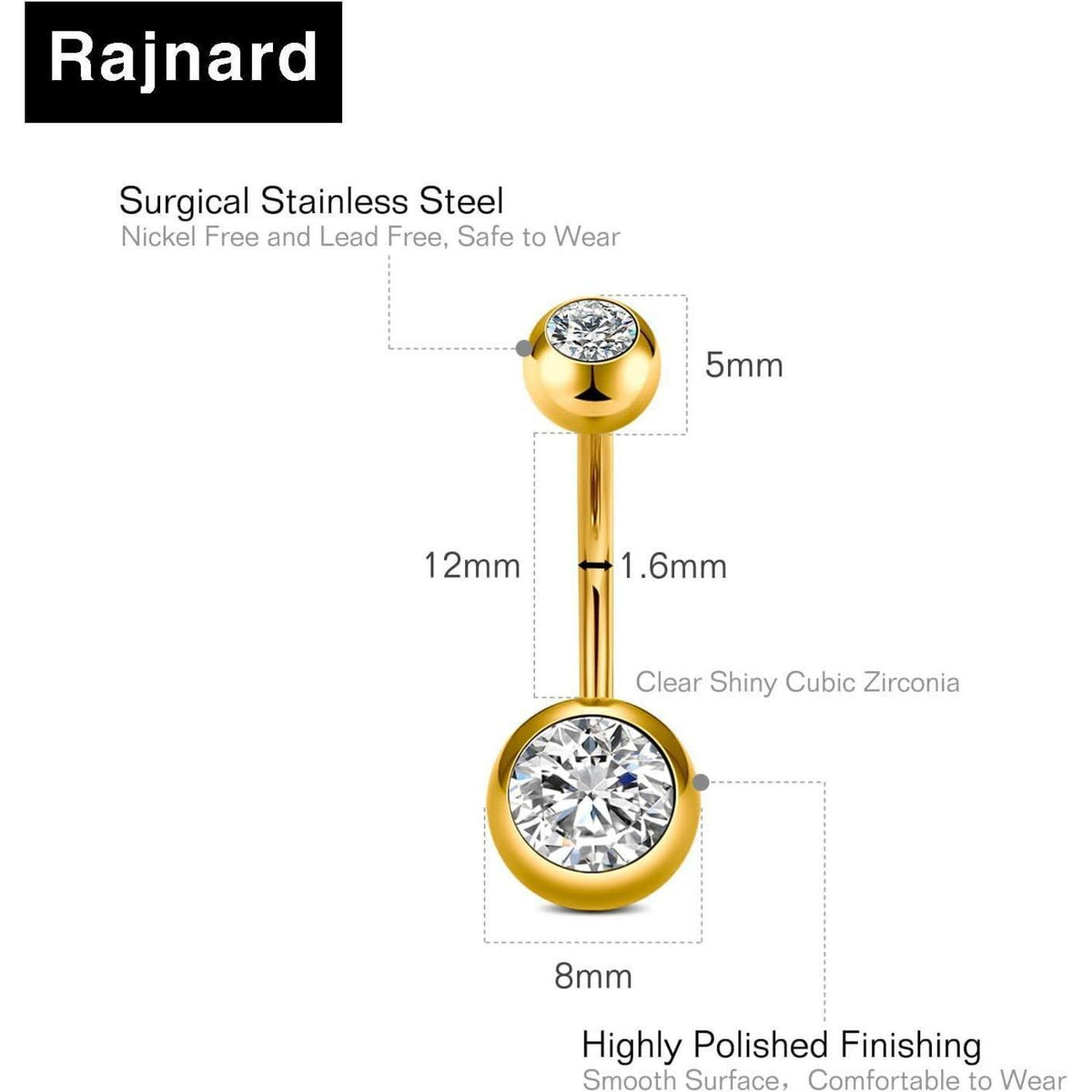 Bauchnabelpiercing 14G Gold 12mm Chirurgenstahl mit CZ Perle