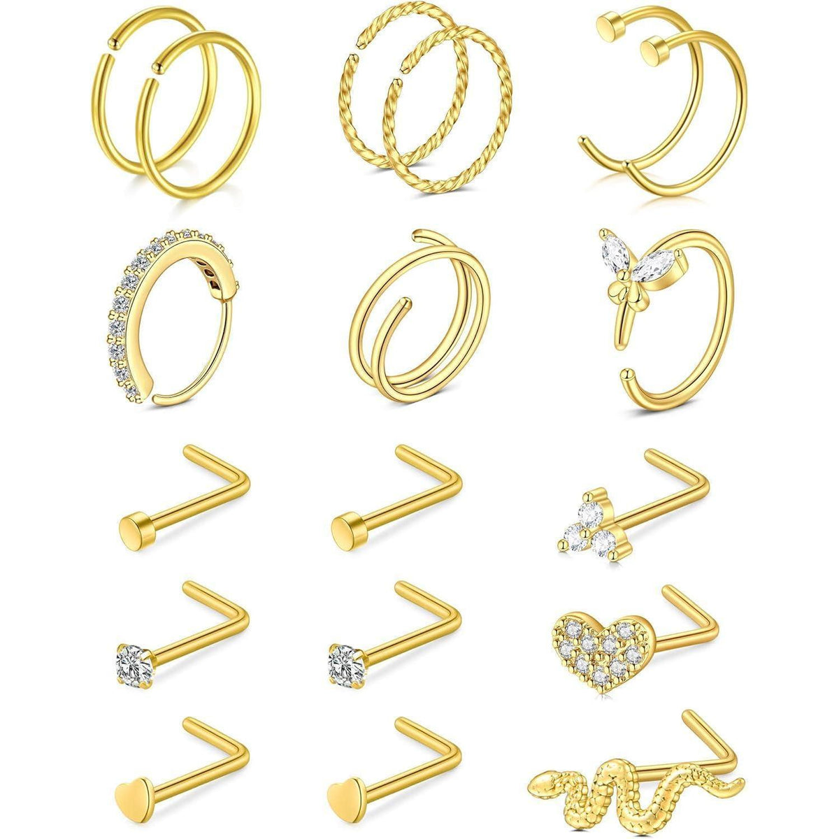 Nasenpiercing Set 316L Chirurgenstahl 20G Silber Gold L-Form Ringe