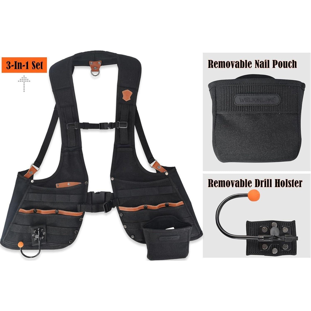 Leder Werkzeugweste Herren mit 33 Taschen, verstellbar, Schwarz, L
