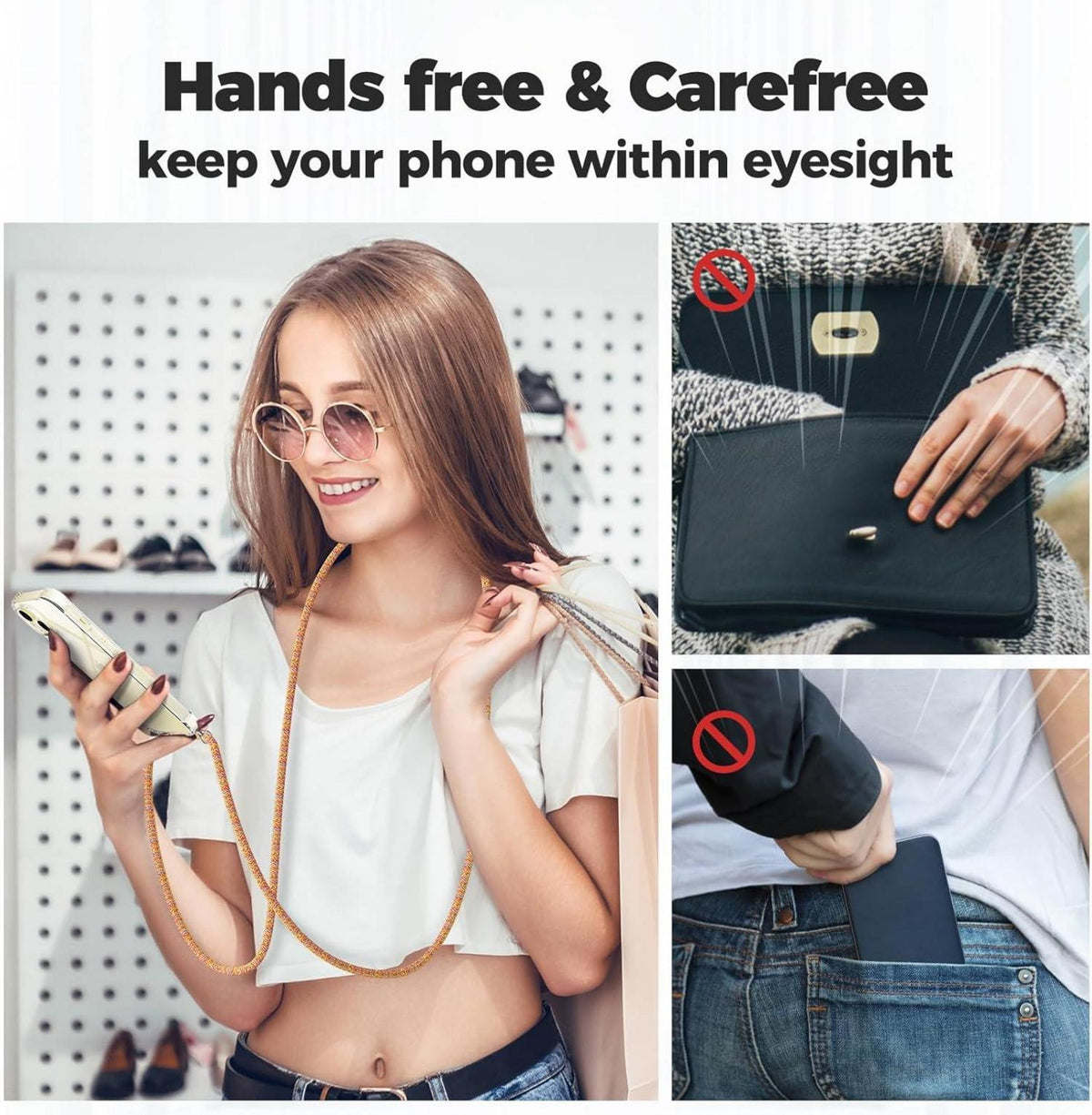 Handykette mit Band für iPhone 15 Hülle 6,1 Zoll - Transparentes Rainbow Case mit Handykordel - Stoßfeste Schutzhülle zum Umhängen
