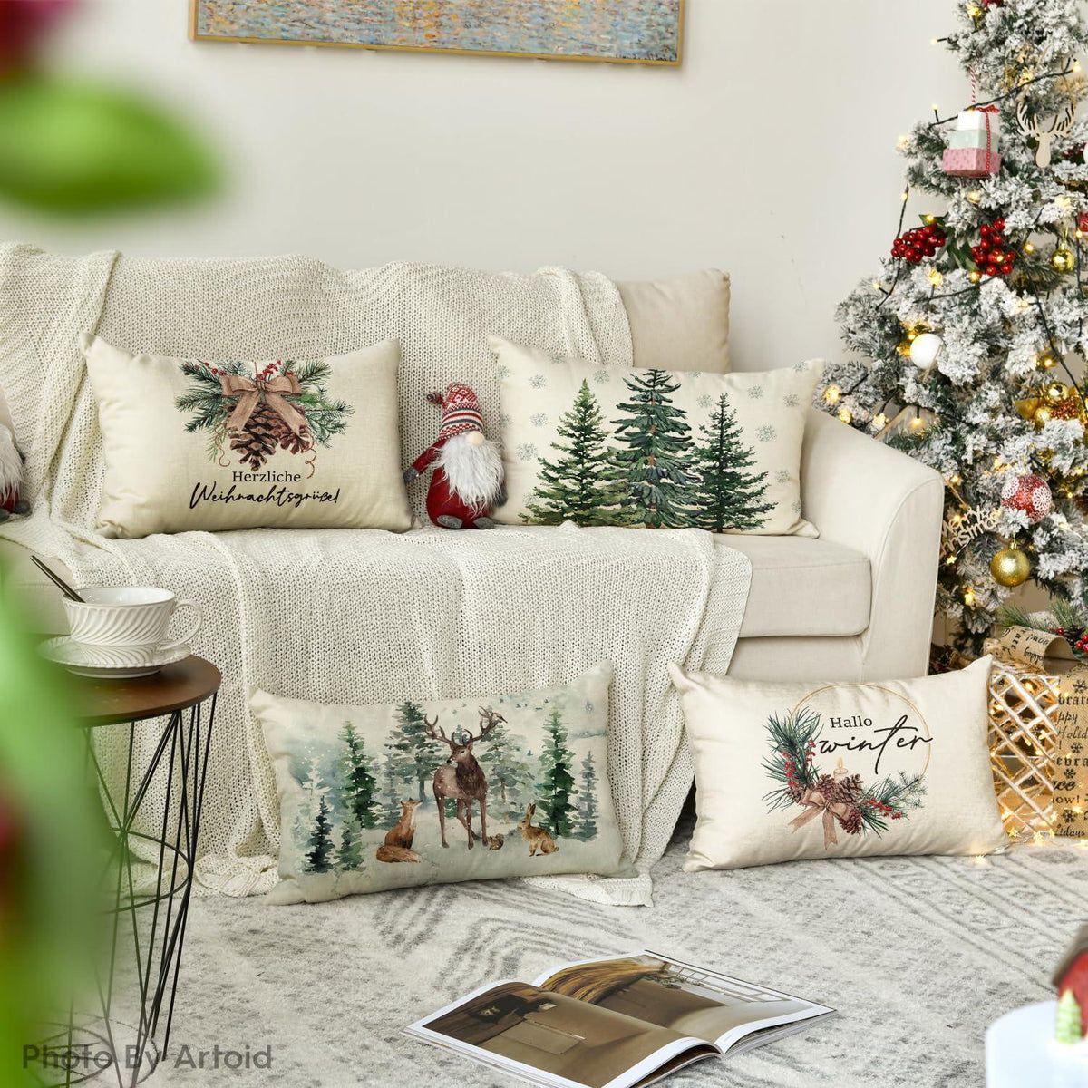 Weihnachtliche Kissenbezüge 4er Set - Holly, Kiefernzapfen, Rentier
