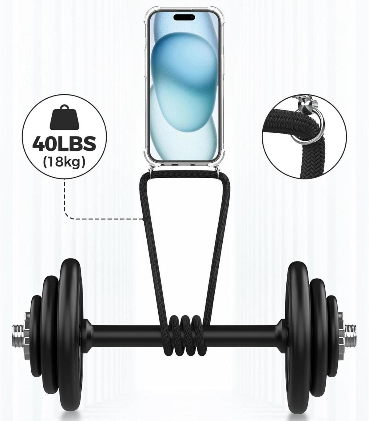 Handykette für iPhone 15 6,1 Zoll, Transparente Hülle mit Kordel, Schwarz