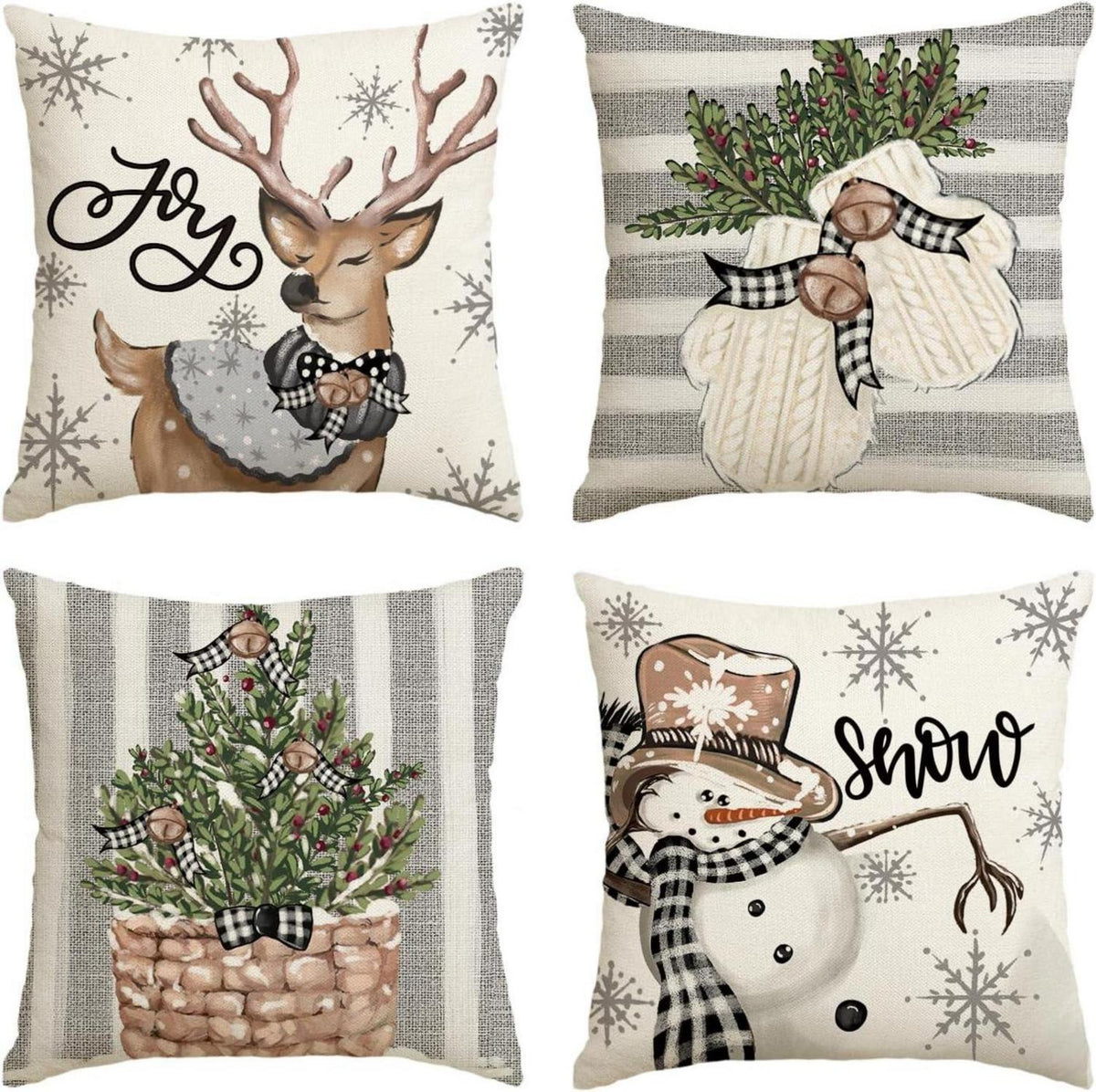 Artoid Weihnachtskissenbezüge Rentier Schneemann 4er Set 50x50cm Grau
