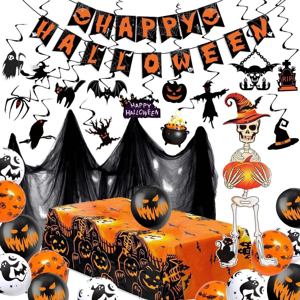 Halloween Partydeko Gruselig Stoff Girlande Spiralen Skelett