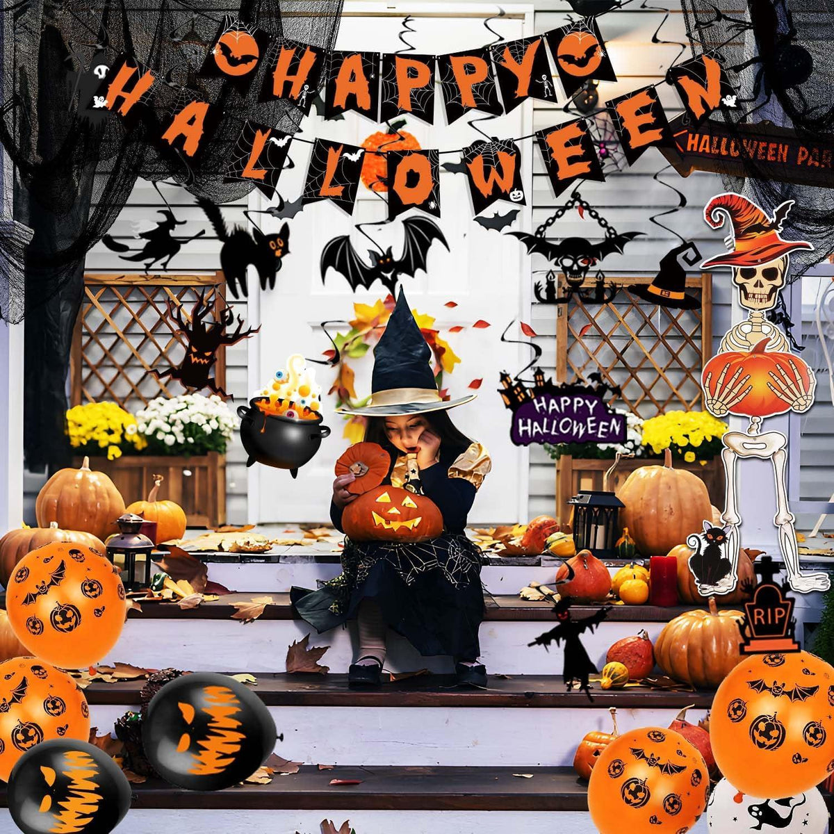 iZoeL XXL Halloween Partydeko: Gruselige Girlande, Spiralen, Skelettgeister, Tischdecke, Luftballons