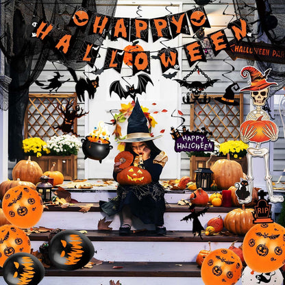 iZoeL XXL Halloween Partydeko: Gruselige Girlande, Spiralen, Skelettgeister, Tischdecke, Luftballons