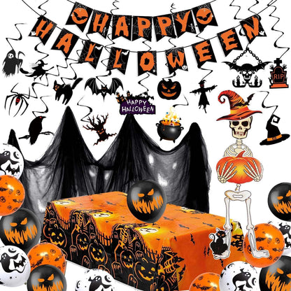iZoeL XXL Halloween Partydeko: Gruselige Girlande, Spiralen, Skelettgeister, Tischdecke, Luftballons