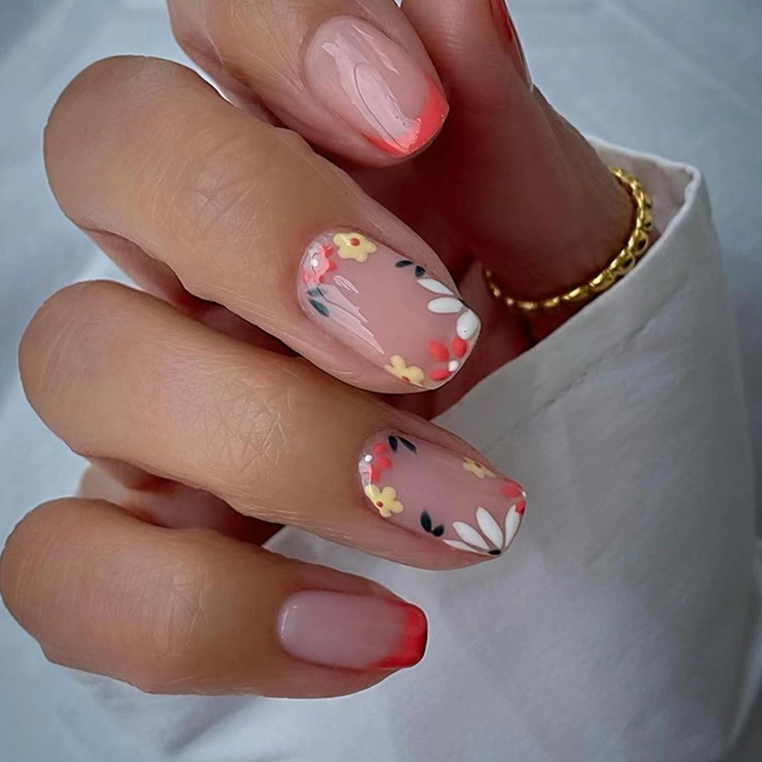 24er Set Bunte Blumen Design Nägel Press on Nails Acrylnägel Frauen