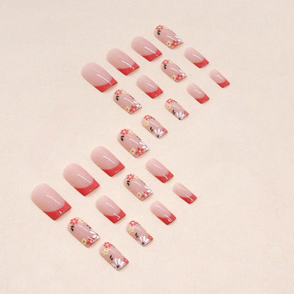 24 Stück Blumen Acrylnägel in Ballerina Form, French Style Falsche Nägel, Press on Nails für Frauen