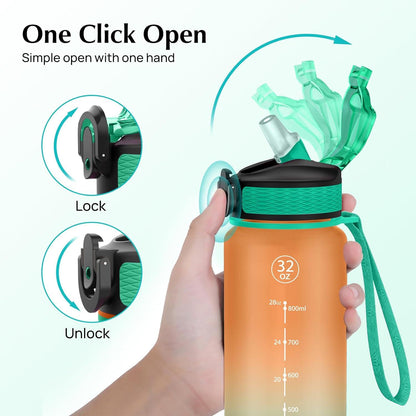 EYQ 1L Trinkflasche Sportwasserflasche mit Stroh Zeitmarker BPA frei Orangegrün