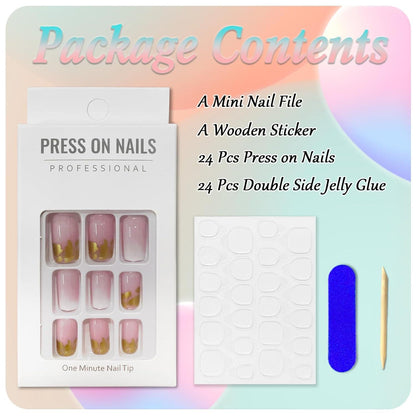 24er Set Eckige Kurze Rosa Gradient Acryl Falsche Nägel mit Nagelkleber
