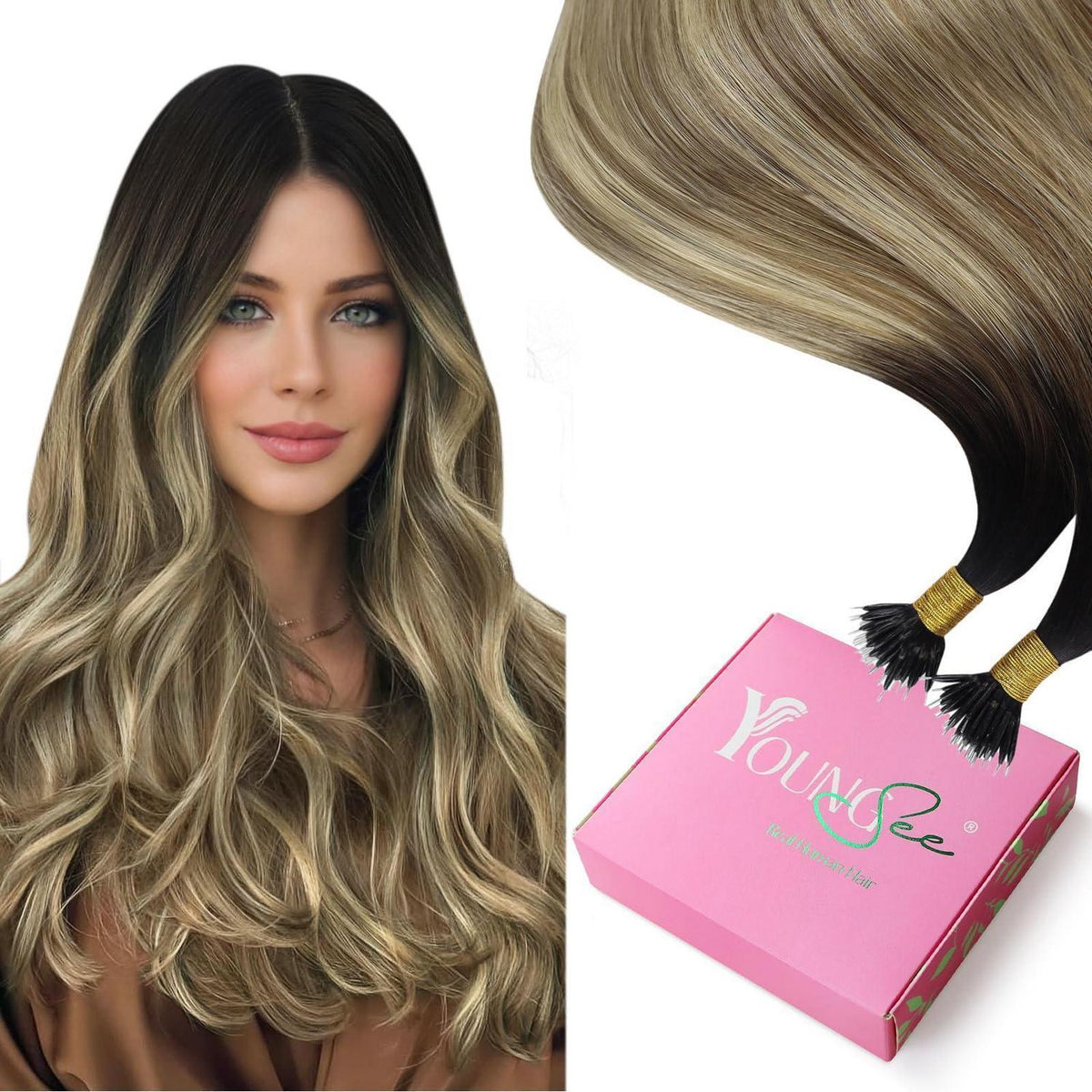 Nanoring Extensions Braun Balayage Blond 55cm Echthaar