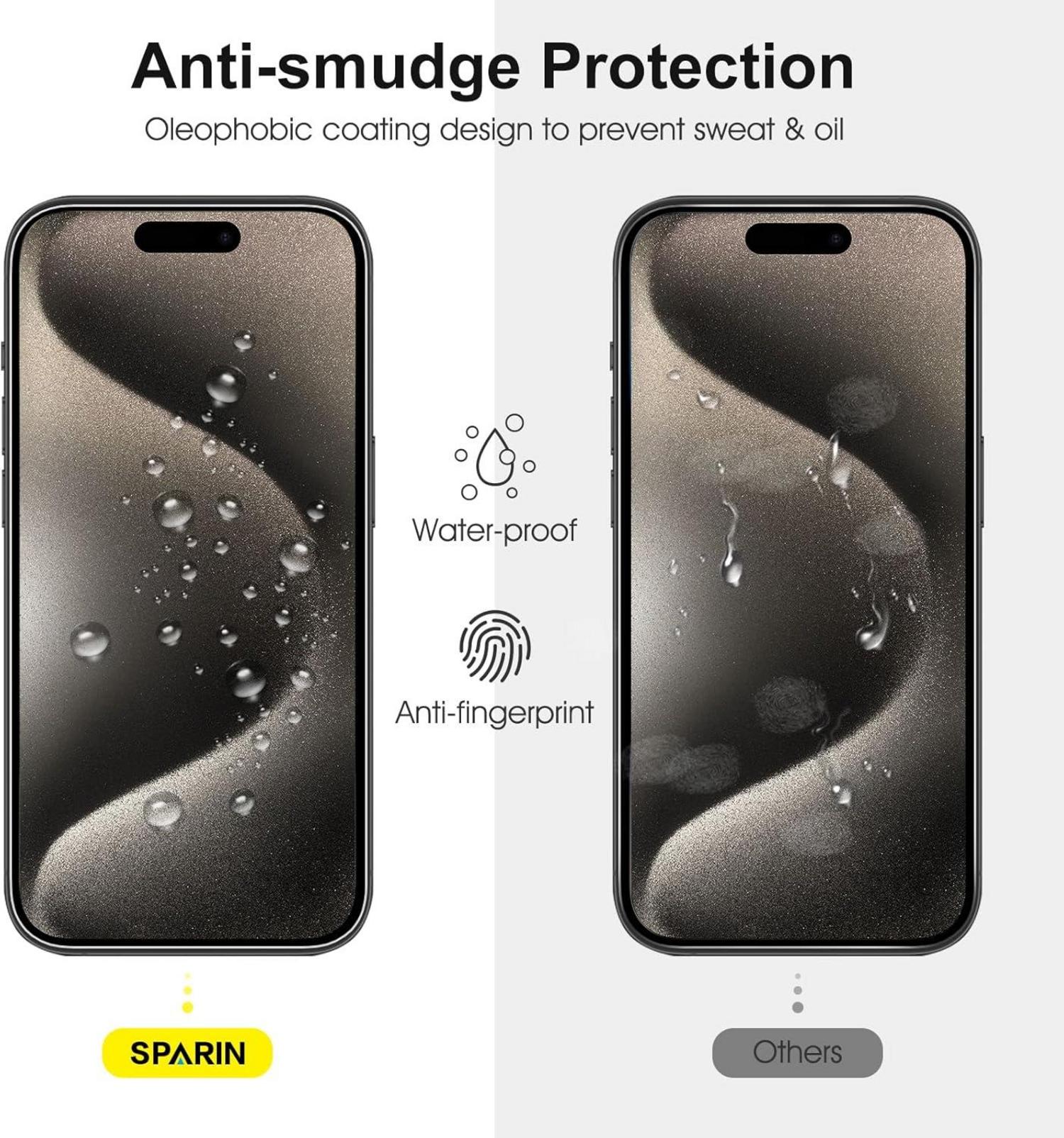 SPARIN Hartglas für iPhone 15 Pro 6,1 Zoll, Displayschutzfolie + Rückseitenschutz, Werkzeug, transparent, 9H Härte, kompatibel 2023