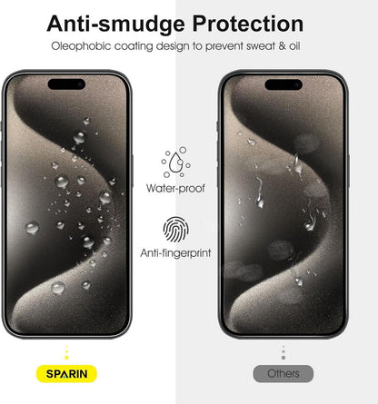 SPARIN Hartglas für iPhone 15 Pro 6,1 Zoll, Displayschutzfolie + Rückseitenschutz, Werkzeug, transparent, 9H Härte, kompatibel 2023
