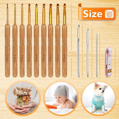 Häkelnadel Set Bambus Holzgriff 2,0 mm - 6,0 mm 9-teilig