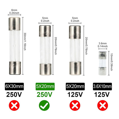 100x Glassicherungen Set 5x20mm 250V Schnellschlag 0,2A-15A Sortiment in Kunststoffbox