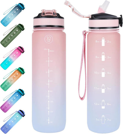 1L Trinkflasche mit Strohhalm und Zeitmarkierung