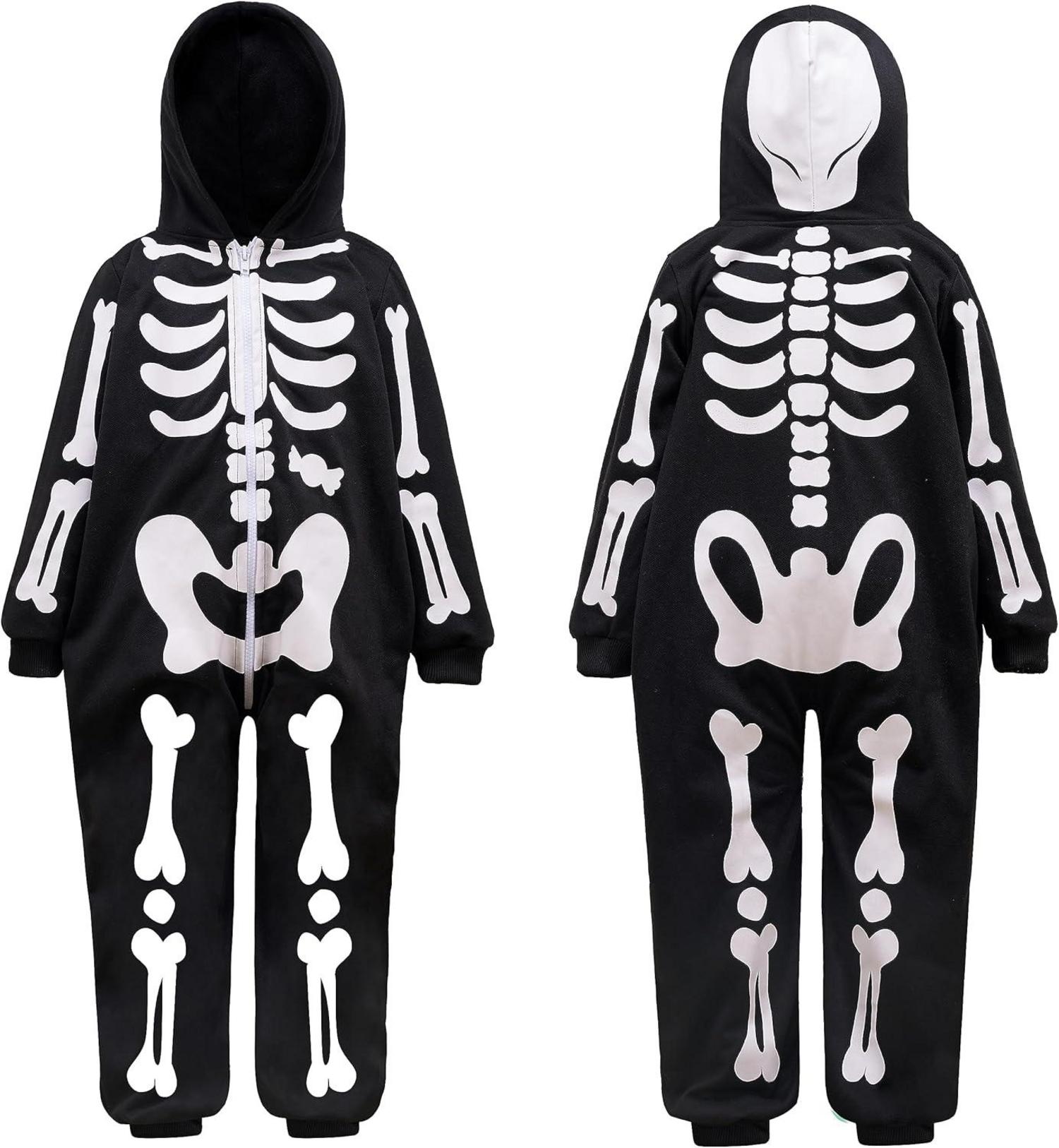 Baby Skelett Jumpsuit Pyjama Halloween Cosplay Schwarz Zip-Up Kapuze