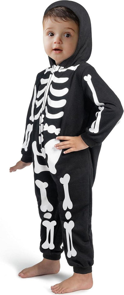Skelett Jumpsuit Pyjama Schwarz Kapuze Halloween Baby 3T