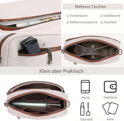 TIAASTAP Damen Echtes Leder Umhängetasche Crossbody Bag 3 fächer A-beige