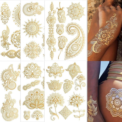 Goldene Metallic Tattoos – 6 große Blätter | Festival & Party