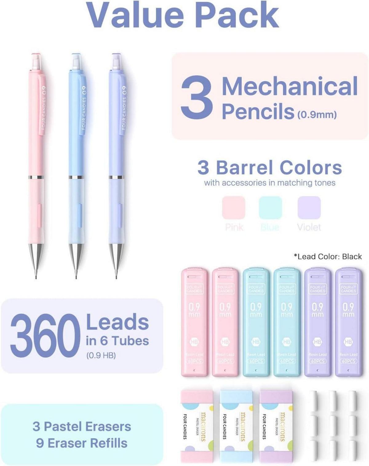 Pastell Druckbleistift Set 3 Stück 0,9 mm mit Etui, 360 HB