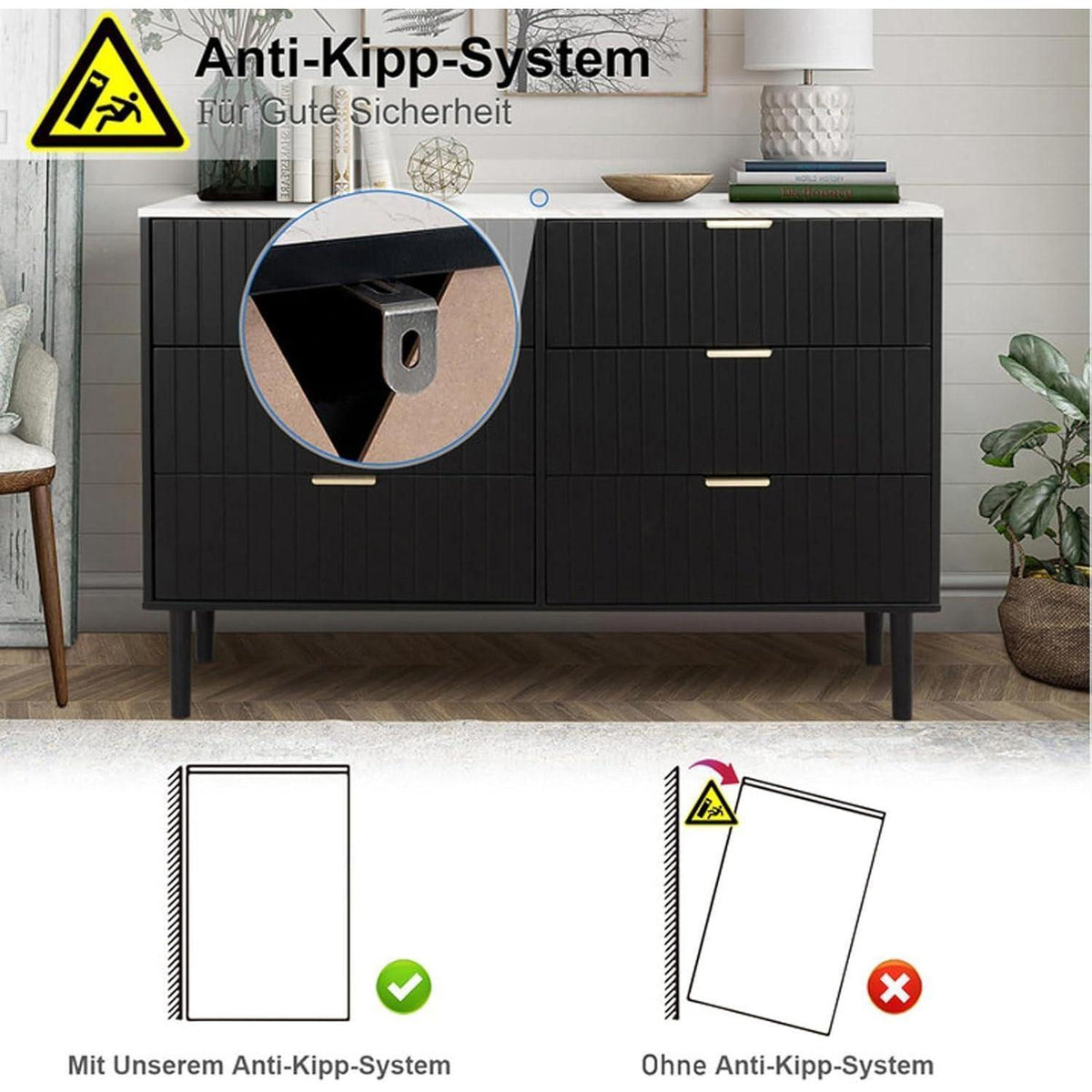 Kommode 100cm mit 6 Schubladen & Marmoroptik – Schwarz